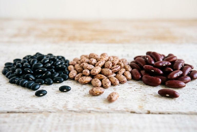 Three piles of dried beans side by side on whitewashed wood — glossy black, speckled beige pinto, and deep red kidney