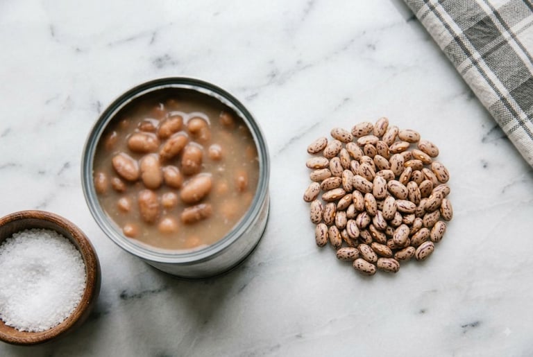 An opened can of pinto beans in their cloudy liquid next to a pile of dried pinto beans