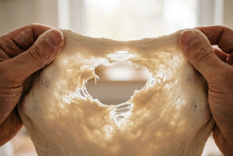 Hands stretching a piece of bread dough thin against the light until it tears open through the middle