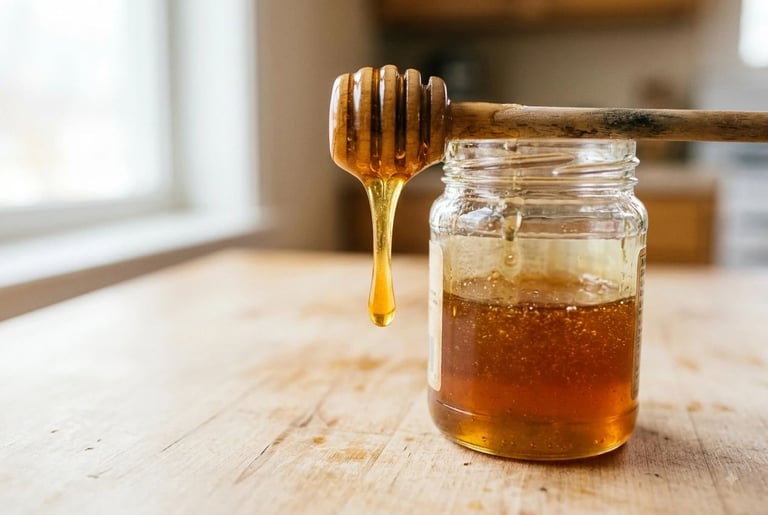 A wooden honey dipper drizzling clear honey back into a half-full glass jar on a sunlit wooden counter
