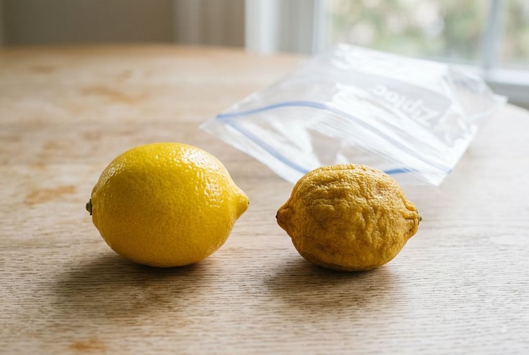 A plump lemon with taut skin next to a wrinkled, shriveled lemon, with a resealable bag behind them