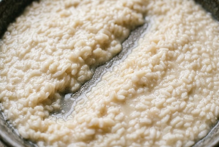 A close-up of risotto in a dark pan just after a spoon was drawn through it, the channel already filling back in as the grains settle into their own starchy sauce