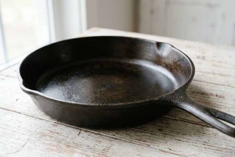 An empty cast iron skillet with a dark, well-worn seasoning layer, resting on a whitewashed wood table in window light