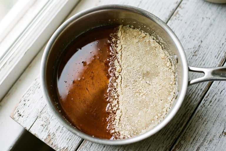 A saucepan of caramel seen from above, clear amber syrup on one side and a pale sandy crust of crystallized sugar on the other, with a grainy boundary running between them