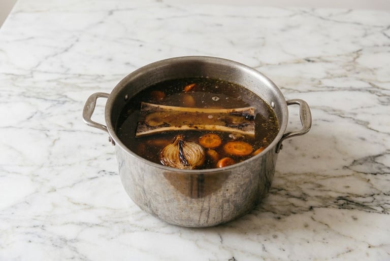 A stainless stockpot of dark beef stock with a marrow bone, browned onion and carrot slices floating in it