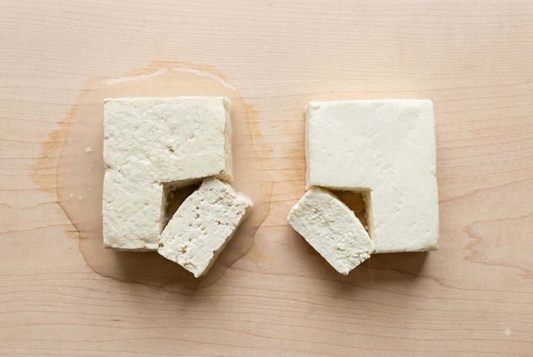 A block of tofu sitting in a puddle of its own water next to a dry block of paneer