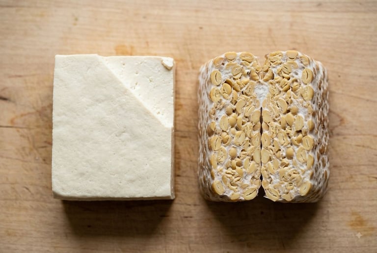 A smooth block of tofu next to a cut block of tempeh showing whole soybeans bound by white mycelium