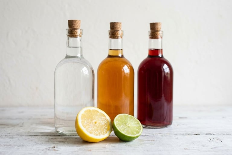 Bottles of white, cider and red wine vinegar standing behind a halved lemon and lime on a white-washed wooden counter