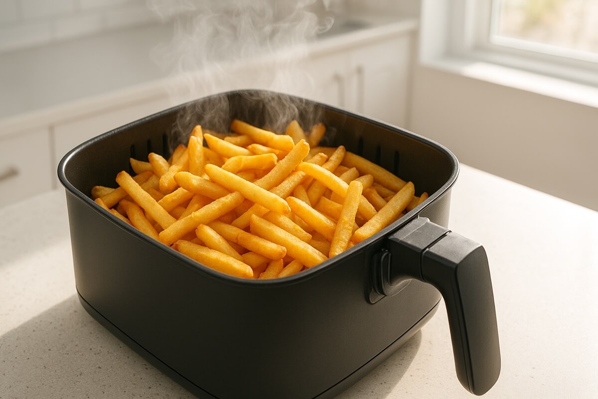 Air Fryer Basket with chicken thighs and vegetables