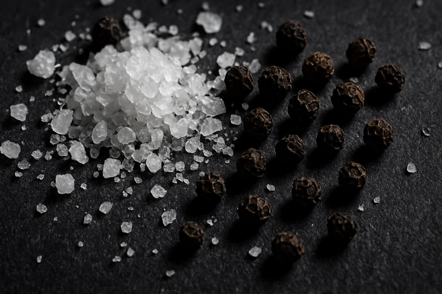 Coarse Salt and Black Peppercorns on a Dark Stone Surface