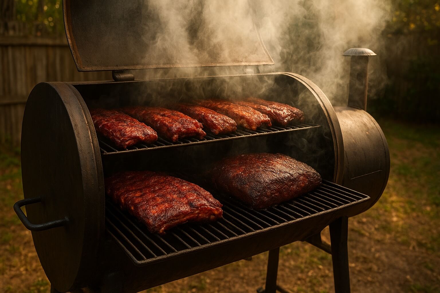 Pork Ribs and Beef Brisket in offset smoker