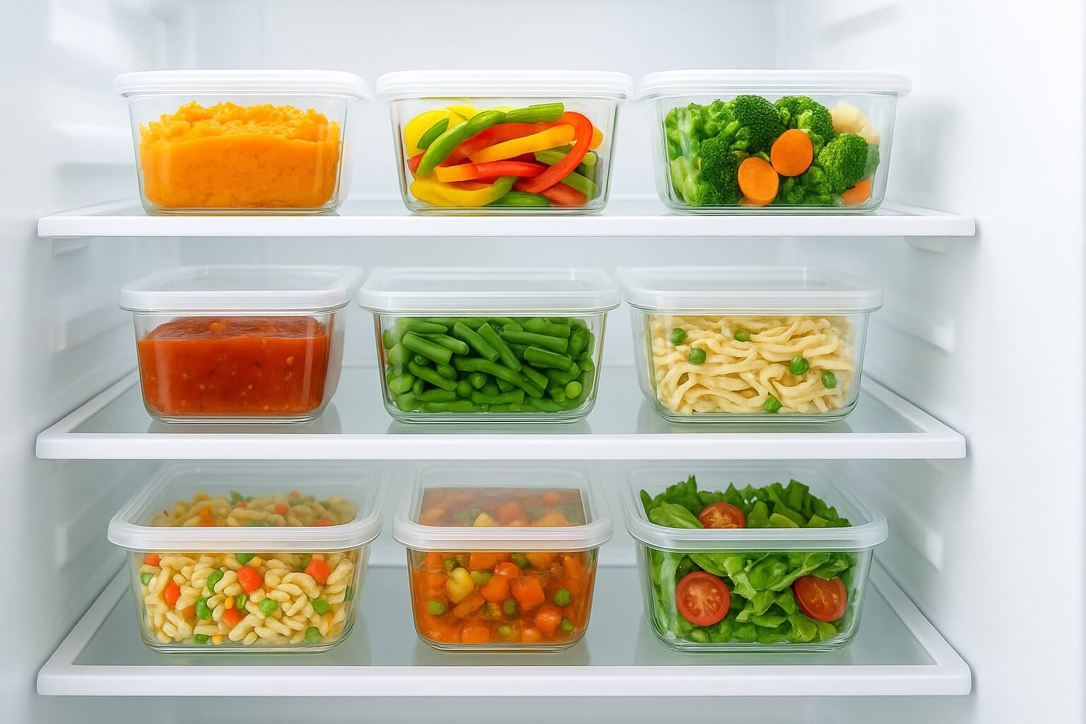 Refrigerator shelves neatly organized with clear containers of colorful leftovers