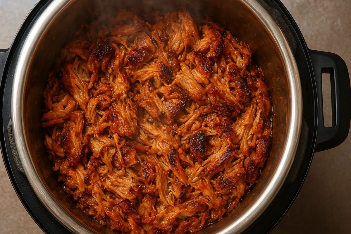 Top down view of pressure cooker with cripsy moist carnitas