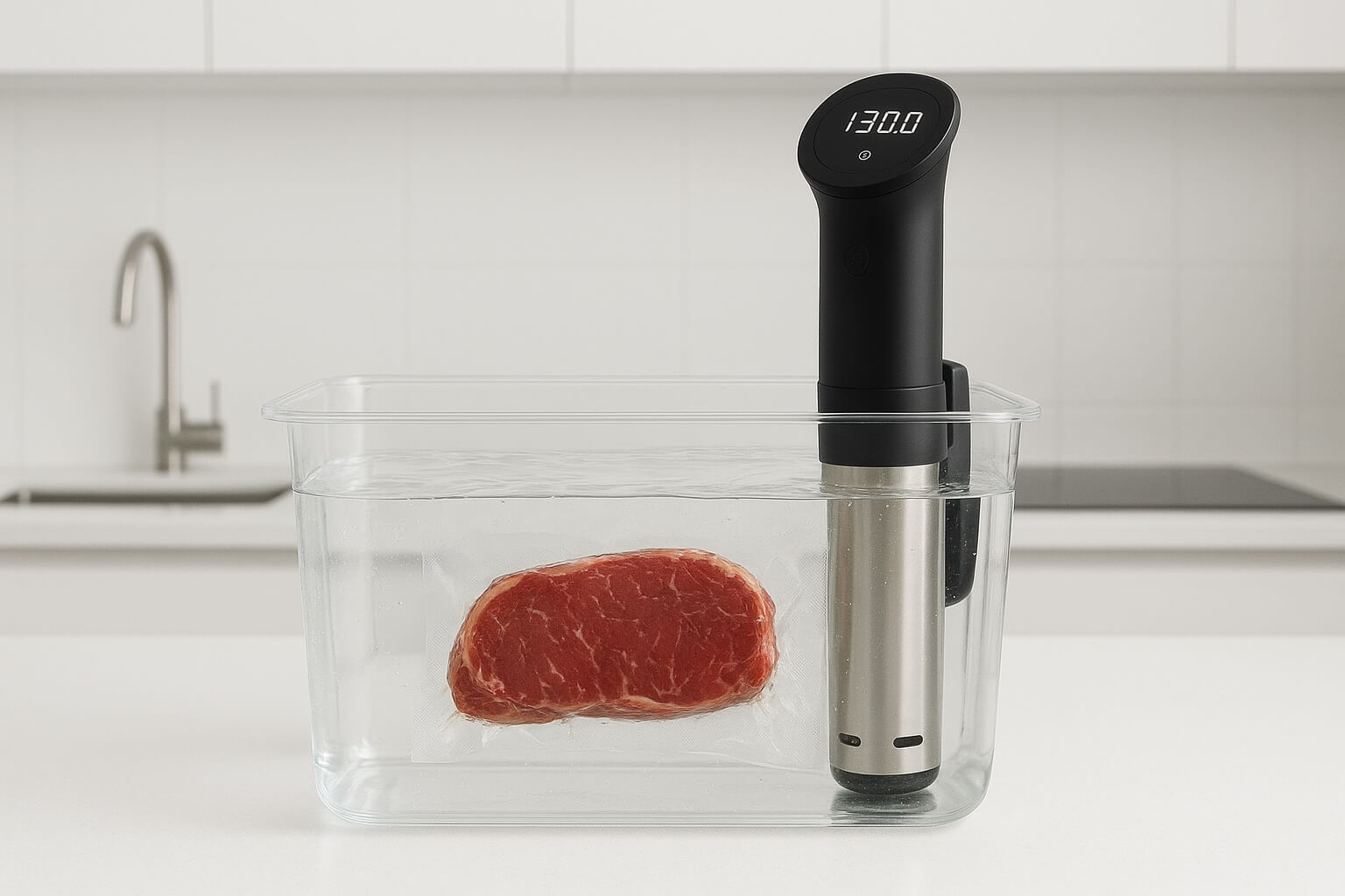 Vacuum-sealed steak submerged in Sous Vide water bath